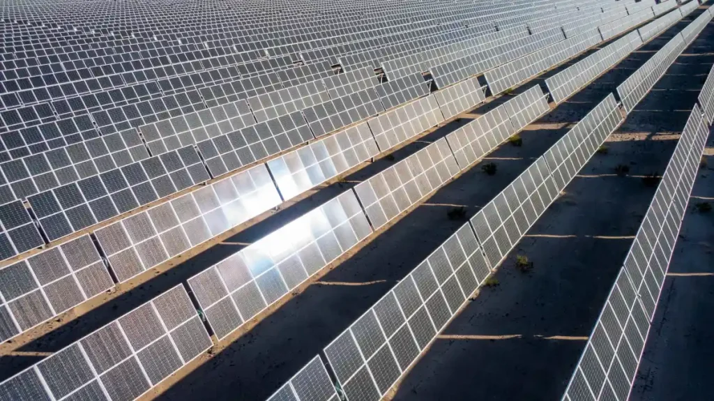 Rows of solar panels face the sunlight in Nevada.