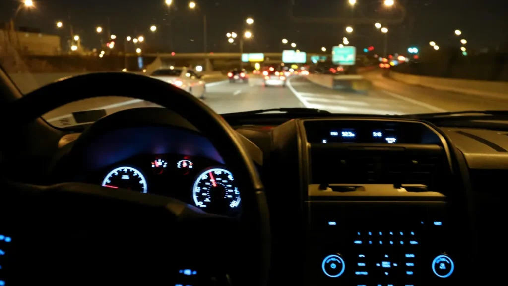Car dash on highway at night