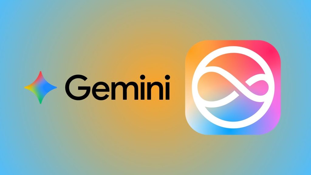 Google Gemini logo and Apple Siri logo on gradient background