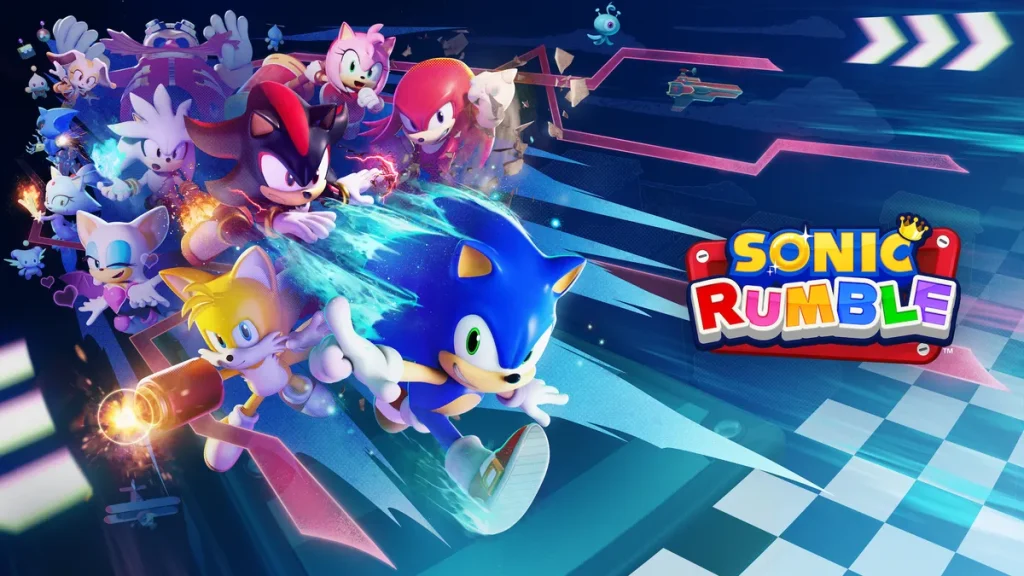 How Sonic Rumble Spins Away From Mario Party With Its Own Multiplayer Style Characters from the Sonic the Hedgehog games chase after the titular blue hedgehog with the words "Sonic Rumble" on the right side.