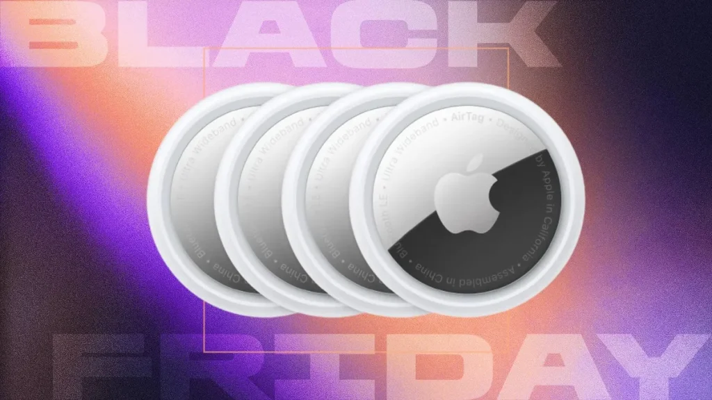 four black-and-white Apple AirTags sit on top of a swirling purple and orange background with the words Black and Friday at the top and bottom