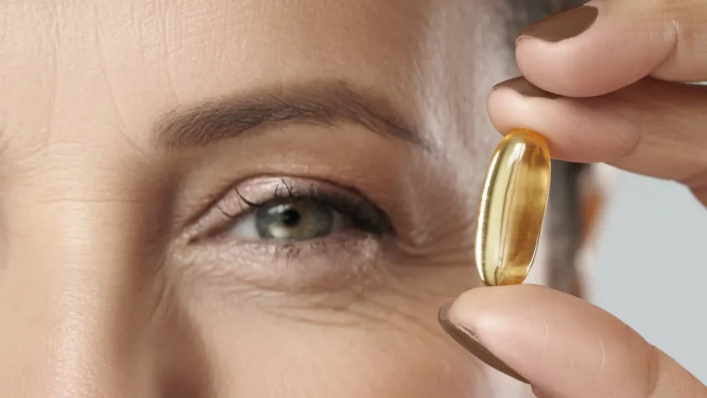 A person holding a vitamin near their blue-green eye.