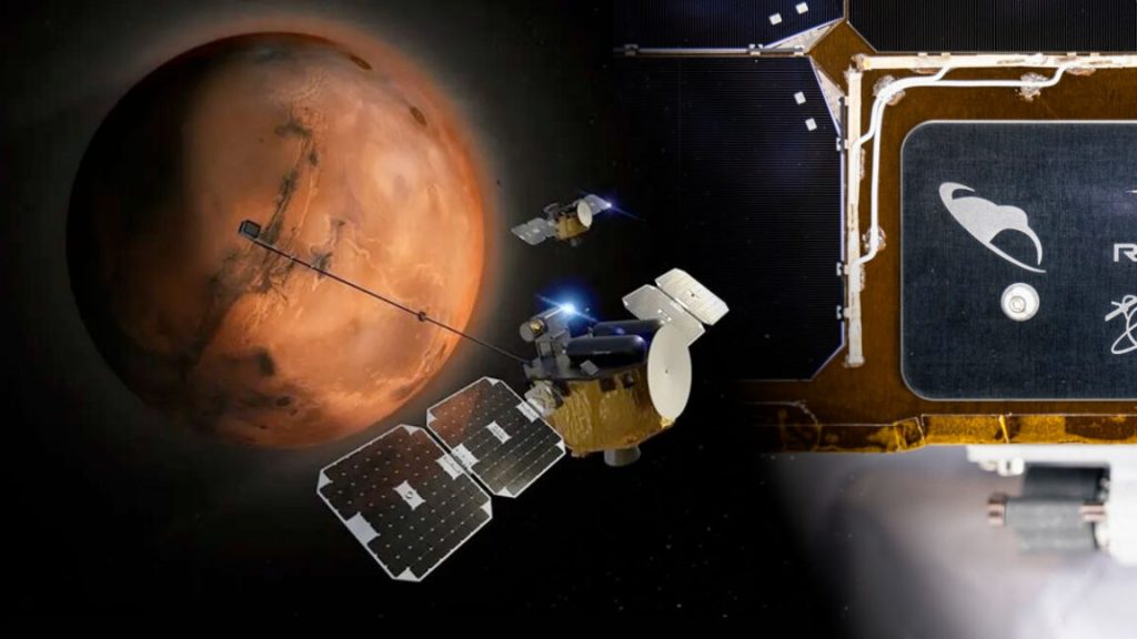 Montage showing an artist's illustration of twin spacecraft around Mars and a crop from a photo of a plaque on both both spacecraft.